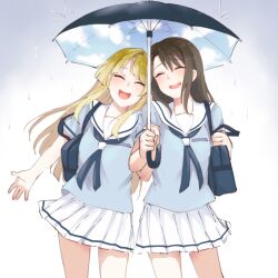 2girls :d ^_^ bag bang_dream! bang_dream!_girls_band_party! black_hair black_umbrella blonde_hair blue_bag blue_neckerchief blue_shirt closed_eyes commentary_request cowboy_shot hanasakigawa_school_uniform highres holding holding_umbrella long_hair miniskirt multiple_girls neckerchief okusawa_misaki open_mouth pleated_skirt rain sailor_collar school_bag school_uniform serafuku shared_umbrella shirt short_sleeves skirt smile succhii_(pikaru) summer_uniform teeth tsurumaki_kokoro umbrella upper_teeth_only white_background white_sailor_collar white_skirt 