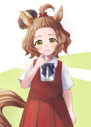  1girl absurdres aged_down animal_ears aston_machan_(umamusume) black_bow blush bow brown_hair commentary_request crown dress green_eyes hair_between_eyes hair_ornament hair_tuft highres horse_ears horse_girl horse_tail kokage_yugure looking_at_viewer mini_crown parted_lips red_dress red_scrunchie scrunchie shirt short_sleeves smile solo tail umamusume white_shirt 