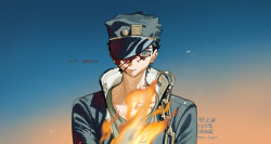  1boy black_hair black_hat blood blood_on_face blue_eyes chain fire hat highres jojo_no_kimyou_na_bouken kujo_jotaro simple_background solo straight-on tem_1231 