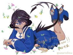  1girl ahoge ankle_boots artist_name black_hair black_horns black_scales black_tail blue_eyes blue_jacket blue_skirt boots canariadraw closed_mouth commentary_request commission dark-skinned_female dark_skin dragon_girl dragon_horns dragon_tail elbow_rest english_text feet_up flower frills full_body hair_between_eyes hanbok head_rest heterochromia high_heel_boots high_heels highres horns jacket korean_clothes leaf legs_up long_sleeves looking_at_viewer lying multicolored_hair on_stomach original pink_eyes pink_flower pink_hair scales short_hair simple_background skeb_commission skirt smile solo swept_bangs tail tassel thank_you the_pose twitter_username white_background 