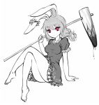  1girl animal_ears barefoot crossed_legs dress full_body hammer looking_at_viewer monochrome no_nose rabbit_ears raptor7 red_eyes seiran_(touhou) sitting spot_color stain touhou 