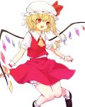  1girl ascot blonde_hair bloomers crystal flandre_scarlet hat hat_ribbon honotai mob_cap open_mouth pointy_ears puffy_sleeves red_eyes ribbon shirt shoes short_hair short_sleeves side_ponytail simple_background skirt skirt_set smile socks solo touhou underwear upskirt vest white_background white_legwear wings wrist_cuffs 