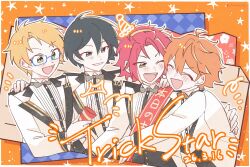  4boys akehoshi_subaru arm_around_another's_back bangs_pinned_back black_hair blonde_hair blue-framed_eyewear blue_eyes blush border bow bowtie closed_eyes commentary dated ensemble_stars! glasses green_eyes grey_bow grey_bowtie hand_on_another's_shoulder hidaka_hokuto highres holding holding_party_popper isara_mao kinokoc lapels long_sleeves looking_at_another male_focus matching_outfits multiple_boys notched_lapels one_eye_closed open_mouth orange_hair party_popper red_hair red_sash sash semi-rimless_eyewear smile star_(symbol) suit teeth trickstar_(ensemble_stars!) upper_body upper_teeth_only white_border white_suit yuuki_makoto_(ensemble_stars!) 
