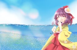  1girl :d blue_flower blue_sky blush closed_eyes commentary_request flower glasses hair_flower hair_ornament hair_ribbon hakama hakama_skirt hands_up hieda_no_akyuu highres holding holding_removed_eyewear japanese_clothes kimono laughing long_hair muzukite open_mouth pink_flower purple_hair red_hakama red_ribbon ribbon skirt sky smile solo touhou unworn_eyewear water yellow_kimono 
