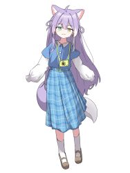  1girl ahoge animal_ear_fluff animal_ears aqua_eyes blue_shirt blue_skirt brown_shoes camera camera_around_neck checkered_clothes checkered_skirt child closed_mouth commentary flat_chest fox_ears fox_girl fox_tail full_body hair_rings heterochromia highres kururichaaan long_hair long_sidelocks long_skirt looking_at_viewer multicolored_hair purple_hair purple_tail shirt shoes sidelocks simple_background skirt sleeves_past_fingers sleeves_past_wrists socks solo stellive streaked_hair tail tenko_shibuki two-tone_tail undershirt very_long_hair virtual_youtuber white_background white_socks white_streaks white_tail yellow_eyes 