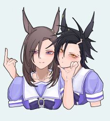  2girls air_groove_(umamusume) air_shakur_(umamusume) animal_ears black_hair blue_background bow bowtie brown_hair closed_mouth commentary_request cropped_torso expressionless eyebrow_piercing face_piercing fingernails hand_on_another's_chin highres horse_ears horse_girl horseshoe_ornament looking_at_viewer medium_hair middle_finger multiple_girls orange_eyes pappi piercing puffy_short_sleeves puffy_sleeves purple_bow purple_bowtie purple_shirt school_uniform shirt short_sleeves simple_background smile summer_uniform tracen_school_uniform umamusume upper_body violet_eyes 