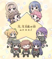  6+girls :> :d ^_^ absurdres aijo_karen arms_at_sides bell black-framed_eyewear black_hair black_pantyhose black_socks blonde_hair blue_eyes blue_hair blunt_bangs blush bow bowtie brown_hair brown_hairband chibi chibi_only closed_eyes closed_mouth commentary_request crown_hair_ornament daiba_nana facing_viewer futon_(huton0v0) glasses green_eyes green_ribbon grey_jacket grey_skirt hair_bell hair_bow hair_ornament hair_ribbon hairband hairclip half_updo hanayagi_kaoruko hands_on_another's_head hands_up head_on_head head_rest highres hoshimi_junna isurugi_futaba jacket jingle_bell kagura_hikari kneehighs knees_together_feet_apart long_hair long_sleeves looking_at_another looking_at_viewer low_side_ponytail miniskirt multiple_girls no_shoes open_clothes open_jacket open_mouth orange_background outstretched_arms pantyhose parted_bangs pink_eyes pink_hair pleated_skirt purple_bow purple_hair red_bow red_bowtie ribbon saijo_claudine school_uniform seisho_music_academy_school_uniform short_twintails shoujo_kageki_revue_starlight side_ponytail sitting skirt smile socks sparkle_hair_ornament star_(symbol) tendo_maya translation_request tsuyuzaki_mahiru twintails two-tone_background two_side_up very_long_hair violet_eyes x_hair_ornament yellow_background yellow_eyes 