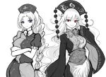  2girls blue_eyes braid chinese_clothes crossed_arms hat junko_(touhou) long_hair looking_at_viewer monochrome multiple_girls no_nose open_mouth pointy_ears raptor7 red_eyes shaded_face single_braid smile spot_color touhou yagokoro_eirin 
