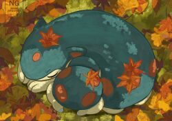 autumn_leaves closed_eyes commentary_request cyndaquil green_fur highres leaf no_humans omochi_(aoi_guruguru) one-hour_drawing_challenge pokemon pokemon_(creature) pokemon_focus quilava sleeping 