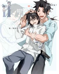  2boys absurdres aged_down belt black_eyes black_hair black_pants blue_pants blue_shirt blush chinese_text false_memory grey_jacket guan_chao_(false_memory) guan_chao_(teenager)_(false_memory) hair_between_eyes hair_down he_mingshuo height_difference high_collar highres hug hug_from_behind jacket looking_at_another male_focus medium_hair multiple_boys one_eye_closed open_clothes open_shirt pants petting shirt shy size_difference spiky_hair track_jacket translation_request wenhedeliangye zipper zipper_pull_tab 