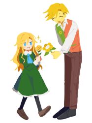  1boy 1girl arm_behind_back ascot black_pantyhose black_shoes blonde_hair blue_ascot blue_eyes brown_pants brown_shoes closed_eyes collared_shirt colored_skin commentary crossover deltarune dress english_commentary flower flowery_(deltarune) green_dress highres holding holding_flower ib_(kouri) long_hair long_sleeves mary_(ib) nabob open_mouth pants pantyhose rose shirt shoes simple_background sparkle standing utdr_(toby_fox) vest white_background white_shirt yellow_flower yellow_rose yellow_skin 