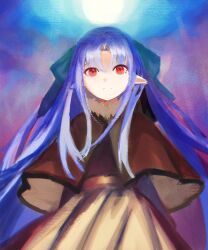  1girl arc52088 black_bow black_capelet black_dress blue_hair bow breasts capelet commentary dress fur-trimmed_capelet fur_trim hair_bow highres len_(tsukihime) long_hair long_sleeves looking_at_viewer pointy_ears red_eyes ribbon smile solo tsukihime 