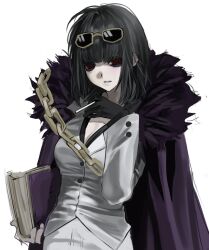  1girl black_gloves black_hair book buttons cape chain cigarette commentary_request eyewear_on_head gloves highres holding holding_book holding_cigarette limbus_company middle_(identity)_(project_moon) open_collar project_moon purple_cape red_eyes ryoshu_(project_moon) shirt short_hair standing whereamicyx white_shirt 