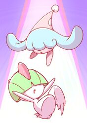  1other arms_up blue_hair blunt_bangs bowl_cut colored_skin commentary_request covered_eyes floating full_body green_hair hair_over_eyes happy hat hatenna highres open_mouth outstretched_arms partial_commentary party_hat pink_hat pokemon pokemon_(creature) purple_background ralts short_hair smile spotlight white_skin yuri_(fl0werspace) 