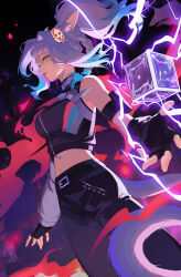  1girl absurdres animal_ears arm_pouch black_gloves black_pants blue_hair braid breasts cat_ears cat_girl cat_tail commentary crop_top electricity eutrope_(ff14) final_fantasy final_fantasy_xiv fingerless_gloves floating floating_object gloves highres lang0m0 miqo'te multicolored_hair pants purple_electricity purple_hair red_pupils regulator_(ff14) shirt sleeveless sleeveless_shirt tail untranslatable_commentary wind yellow_eyes 