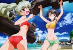 2girls anchovy artist_request ass beach bikini bikini_top black_hair blush braid brown_eyes clouds cloudy_sky crotch_seam drill_hair girls_und_panzer green_hair grin holding inflatable_toy leg_up lighthouse long_hair looking_at_viewer multiple_girls official_art open_mouth outdoors pepperoni_(girls_und_panzer) red_bikini red_eyes short_hair short_shorts shorts side_braid sky smile standing swimsuit twin_drills twintails 