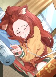  absurdres animal_ear_fluff animal_ears beer_can blush can cat_ears cat_girl closed_eyes commentary_request curtains drink_can drinking_straw drunk green_shirt hairu_821 head_on_pillow highres hood hoodie indoors lying on_side pillow red_hair sakai_aruko shirt solo topknot yani_neko yellow_hoodie 
