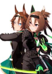  2girls absurdres animal_ears aru_(sweetearth84) back-to-back bamboo_memory_(umamusume) black_gloves black_headband black_jacket blue_eyes brown_eyes brown_hair commentary_request gloves green_gloves green_skirt hair_between_eyes headband highres holding holding_sword holding_weapon horse_ears jacket long_sleeves multicolored_hair multiple_girls pleated_skirt puffy_long_sleeves puffy_sleeves simple_background skirt smile sword two-tone_hair umamusume weapon white_background white_hair yaeno_muteki_(black_general_zen)_(umamusume) yaeno_muteki_(umamusume) 