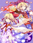  2girls american_flag_legwear american_flag_shirt bangs blonde_hair bow clownpiece collar dress fire frilled_collar frills gengetsu hair_bow hat highres jester_cap long_hair long_sleeves looking_at_viewer multiple_girls one_eye_closed outstretched_arm pantyhose polka_dot red_bow red_eyes red_ribbon ribbon tongue tongue_out torch touhou touhou_(pc-98) wadante white_dress white_wings wings 