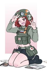  1girl absurdres bag belt_bag black_boots black_shorts blush body_armor boots buhanka-chan commentary commission commissioner_upload double_v fang fluffkaiser gradient_background green_helmet green_sweater helmet highres kneeling looking_at_viewer magazine_(object) midriff military_medic navel one_eye_closed open_mouth original radio red_cros red_eyes red_hair ribbed_sweater russian_flag russian_ground_forces russo-ukrainian_war scissors short_shorts shorts smile solo sticker sticker_on_helmet sweater thigh_strap tongue tourniquet translated v z_(russian_symbol) 