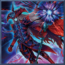  1boy anonymous_(yu-gi-oh!) armor blue_skin border bracelet clothing_request colored_skin commentary_request dark_magician_of_destruction duel_monster eye_tattoo grey_hair holding holding_wand jewelry long_hair lowres mage_staff magic_circle male_focus official_art red_eyes shoulder_armor side_cape solo spiked_bracelet spikes staff tattoo very_long_hair wand wizard yu-gi-oh! 