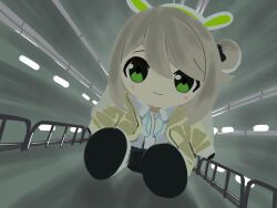  beatmania_iidx bemani blonde_hair blue_archive character_doll chocopuni collared_shirt doll ee_doyomeki green_eyes green_halo hair_bun halo highres indoors industrial_pipe jacket long_hair looking_at_viewer nonomi_(blue_archive) on_floor oversized_object railing shirt single_side_bun sitting tunnel white_shirt yellow_jacket 