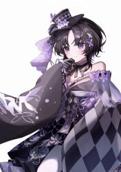  1girl asymmetrical_sleeves bare_shoulders black_gloves black_hair black_hat black_kimono butterfly_hair_ornament butterfly_hat_ornament butterfly_print_kimono checkered_sleeves closed_mouth commentary_request cowboy_shot dress floral_print floral_print_kimono flower frilled_sleeves frills furisode gloves hair_ornament hat hat_flower hat_ornament highres housho_margo japanese_clothes kimono lolita_fashion long_sleeves looking_at_viewer mahou_shoujo_no_majo_saiban neck_ribbon off-shoulder_dress off_shoulder parted_bangs print_kimono ribbon sakana_clo short_hair simple_background smile solo top_hat violet_eyes wa_lolita white_background wide_sleeves 