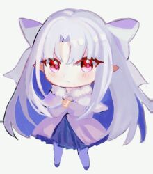  1girl albino arc52088 bow capelet chibi commentary_request fur-trimmed_capelet fur_trim hair_bow half_updo long_hair looking_at_viewer pointy_ears red_eyes skirt solo thigh-highs tsukihime white_bow white_capelet white_hair white_len_(tsukihime) 