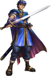  1boy belt blue_cape blue_eyes blue_hair blue_pants blue_shirt brown_belt brown_shoes cape fire_emblem fire_emblem:_shadow_dragon full_body holding holding_sword holding_weapon izuka_daisuke looking_at_viewer marth_(fire_emblem) official_art pants serious shirt shoes short_hair solo sword transparent_background unsheathed weapon 
