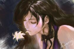  1girl bare_shoulders black_ribbon brown_hair closed_eyes commentary_request dress final_fantasy final_fantasy_vii final_fantasy_vii_remake flower highres hozumi_oozum lips long_hair neck_ribbon nose petal_in_mouth portrait purple_dress ribbon solo tifa_lockhart tifa_lockhart_(refined_dress) 