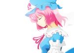  1girl breasts closed_eyes happyswan hat light_particles long_sleeves mob_cap pink_hair profile ribbon ribbon-trimmed_collar ribbon_trim saigyouji_yuyuko short_hair simple_background smile solo touhou triangular_headpiece upper_body veil white_background wind 