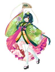  1girl :d ;d absurdres arm_up black_sandals blunt_bangs braid edomura_niniko frilled_sleeves frills full_body green_hair green_kimono hand_fan highres holding holding_fan japanese_clothes kimono long_hair long_sidelocks long_sleeves looking_at_viewer official_art okobo one_eye_closed open_mouth orange_eyes platform_sandals ribbon-trimmed_thighhighs ribbon_trim sandals sidelocks simple_background smile solo standing standing_on_one_leg tabi thigh-highs touhoku_zunko transparent_background very_long_hair voiceroid wide_sleeves 