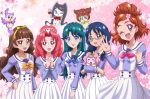  5girls :d ;d akagi_towa amanogawa_kirara aroma_(go!_princess_precure) bird black_hair blue_bow blue_eyes blue_hair blush bow brown_hair cowboy_shot creature crown_braid dog floral_background go!_princess_precure grey-framed_glasses hairband hands_clasped hanzou happy haruno_haruka kaidou_minami kuroro_(go!_princess_precure) long_hair looking_at_viewer miss_siamour multiple_girls nanase_yui one_eye_closed open_mouth orange_bow pink_background pink_bow precure puff_(go!_princess_precure) red_eyes redhead school_uniform short_hair skirt smile twintails white_skirt 