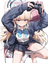  1girl aqua_bow aqua_bowtie bare_legs blonde_hair blue_archive blue_bow blue_cardigan blue_eyes blue_halo blue_streaks bow bowtie braid breasts cardigan closed_mouth collared_shirt commentary_request controller couch from_above game_controller haine_(artist) half_up_braid halo highres holding holding_controller holding_game_controller jacket light_blush long_hair long_sleeves looking_at_viewer medium_breasts multicolored_hair official_alternate_costume open_cardigan open_clothes pleated_skirt shirt sitting skirt sock_partially_removed socks solo streaked_hair toki_(blue_archive) toki_(school_uniform)_(blue_archive) white_shirt white_socks 