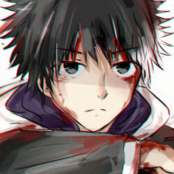  1boy a_certain_high_school_uniform black_hair black_jacket blood blood_on_clothes blood_on_face closed_mouth commentary grey_eyes hood hood_down hoodie jacket kamijou_touma layered_sleeves long_sleeves looking_at_viewer male_focus school_uniform short_hair simple_background solo spiky_hair toaru_majutsu_no_index white_background white_hoodie winter_uniform zang 