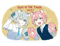  1boy 1girl 2022 ? animal_ears animal_hands black_sweater_vest blue_necktie border chinese_zodiac commentary_request double-parted_bangs gloves grey_eyes grey_hair highres jack_jeanne kemonomimi_mode long_sleeves looking_at_viewer necktie notice_lines paw_gloves pink_gloves pink_hair school_uniform shirota_mitsuki shirt short_hair simple_background succhii_(pikaru) sweater_vest tachibana_kisa tiger_boy tiger_ears tiger_girl upper_body white_border white_shirt year_of_the_tiger yellow_background yellow_eyes 