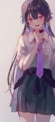  1girl black_cardigan black_choker black_hair black_skirt blush cardigan cardigan_around_waist choker clothes_around_waist collared_shirt colored_inner_hair commentary_request earrings hair_between_eyes highres hoop_earrings jewelry kamitsubaki_studio koko_(kamitsubaki_studio) long_hair long_sleeves looking_at_viewer multicolored_hair nazuna_(nazuna_su) necktie o-ring o-ring_choker official_alternate_costume pleated_skirt purple_hair purple_necktie school_uniform shirt sidelocks skirt sleeves_rolled_up violet_eyes white_shirt wing_collar 