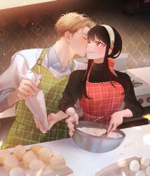  1boy 1girl absurdres apron baking black_hair black_sweater blonde_hair blush bowl breasts closed_eyes closed_mouth commentary cooking cooking_pot couple cupcake earrings egg english_commentary food gold_earrings hairband hetero highres holding holding_pastry_bag husband_and_wife ideksams indoors jewelry kiss kissing_cheek kitchen ladle large_breasts long_hair long_sleeves looking_at_another mixing mixing_bowl one_eye_closed pastry_bag plaid_apron plaid_clothes red_eyes shirt short_hair sidelocks smile spy_x_family stove sweater turtleneck turtleneck_sweater twilight_(spy_x_family) very_short_hair white_hairband white_sweater wok yor_briar 