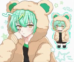  1boy animal_hood aqua_hair bear_hood black_collar black_shirt black_shoes chibi collar facial_tattoo green_hair highres hood jacket long_sleeves male_focus mikoshiba_kenta multicolored_hair paradox_live shirt shoes short_hair tattoo two-tone_hair umiusi4865 white_background yellow_eyes yellow_jacket 