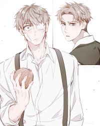  1boy blue_eyes bruise closed_mouth food frown gauze gauze_on_cheek gauze_over_eye grey_hair highres holding holding_food holding_vegetable ideksams injury long_sleeves looking_at_viewer male_focus multiple_views onion parted_lips shirt short_hair spy_x_family suspenders twilight_(spy_x_family) upper_body vegetable very_short_hair white_background white_shirt 