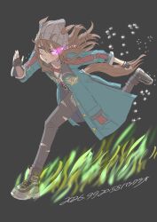  1girl absurdres animal_ears armband beanie black_gloves black_shoes blue_coat blush brown_hair coat denim ears_through_headwear eye_trail fingerless_gloves gloves glowing glowing_eyes grey_hat hair_between_eyes hashikurao hat highres horse_ears horse_girl horse_tail jacket jeans light_trail long_hair long_sleeves nakayama_festa_(shichuukyuukatsu)_(umamusume) nakayama_festa_(umamusume) pants parted_lips red_shirt running shirt shoes striped_armband striped_clothes sweat tail torn_clothes torn_jeans torn_pants torn_shirt umamusume violet_eyes 