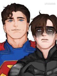  batman batman_(series) blue_eyes bruce_wayne clark_kent dc_comics eyeshadow frown highres light_smile makeup non-web_source superhero_costume superman superman_(2025) superman_(series) the_batman_(2022) 