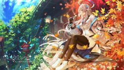  1girl absurdres architecture black_pantyhose blue_archive blue_sky breasts camera chinese_commentary closed_mouth clouds commentary_request east_asian_architecture grey_hair gt-apex halo highres holding holding_camera jacket jacket_partially_removed lantern large_breasts leaf long_hair long_sleeves maple_leaf mechanical_halo noa_(blue_archive) pantyhose paper_lantern sitting sitting_on_stairs skirt sky solo stairs stone_stairs tree two-sided_fabric two-sided_jacket violet_eyes white_halo white_jacket white_skirt 