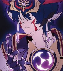  1boy adam's_apple black_background black_hair blunt_ends commentary_request crystal_earrings earrings faceless faceless_male fog gem genshin_impact glowing_gem hair_ornament hand_up highres jewelry korean_commentary male_focus mechanical_ears mechanical_hands no_eyes parted_lips partial_humanization portrait purple_aura purple_gem scaramouche_(genshin_impact) scaramouche_(shouki_no_kami)_(genshin_impact) solo tomoe_(symbol) wolf_cut xp_pointx 
