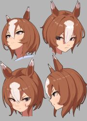  1girl animal_ears brown_eyes brown_hair grey_background hair_between_eyes highres horse_ears horse_girl multiple_views no_842 serious simple_background umamusume yaeno_muteki_(umamusume) 