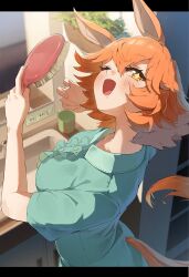  +_+ 1girl :d ;d absurdres animal_ears artistic_error bad_reflection breasts collarbone commentary_request hair_brush highres holding holding_hair_brush horse_ears horse_girl horse_tail letterboxed looking_at_viewer matikanefukukitaru_(umamusume) mirror no_842 one_eye_closed open_mouth orange_eyes orange_hair reflection sink sleepwear smile solo tail umamusume 