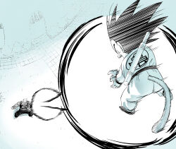 alien amayuki318 antennae black_hair child commentary_request dougi dragon_ball dragon_ball_(classic) energy_ball energy_beam fighting_stance floating from_above highres kamehameha_(dragon_ball) martial_arts_belt monkey_tail monochrome motion_lines piccolo_daimaou screaming sheath sleeveless son_goku spiky_hair tail thick_eyebrows wristband