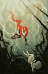 5girls absurdres arthropod_girl black_skin bodysuit cloak colored_skin commentary english_commentary everbloom_(hollow_knight) extra_eyes falling flower glowing_flower hat herrah_the_beast highres hive_queen_vespa_(hollow_knight) holding hollow_eyes hollow_knight hollow_knight:_silksong horned_mask hornet_(hollow_knight) lace_(hollow_knight) mask mother_and_child mother_and_daughter multiple_girls outstretched_arm parent_and_child petals pin_(hollow_knight) red_cloak tendril thepavarchive weapon white_bodysuit white_flower white_hat white_lady_(hollow_knight) white_mask white_petals 