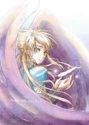  1girl artist_name black_bridal_gauntlets blonde_hair breath_of_fire breath_of_fire_ii bridal_gauntlets closed_mouth commentary dated feathered_wings feathers green_eyes highres long_hair looking_at_viewer looking_back maruno nina_(breath_of_fire_ii) purple_wings smile solo upper_body wings 