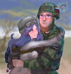  1boy 1girl absurdres backpack bag beard belt blue_hair blush body_armor breasts camouflage camouflage_helmet camouflage_jacket camouflage_pants chest_belt collared_dress commissioner_insert dianazawer dress eyewear_on_headwear facial_hair goggles goggles_on_headwear green_belt grey_bag grey_dress grin heart heart_in_eye heart_on_cheek heart_pendant helmet highres hug jacket kamaz-chan lipgloss long_hair medium_breasts military military_uniform original pants roman_rublev russo-ukrainian_war smile symbol_in_eye very_long_hair z_(russian_symbol) 